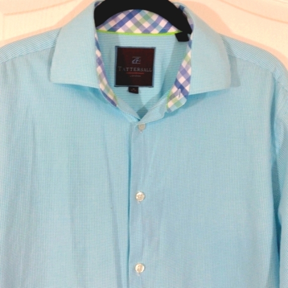 Tattersall London Men's Blue Mini Houndstooth Check Dress Shirt Spread Collar 16 - Picture 3 of 8